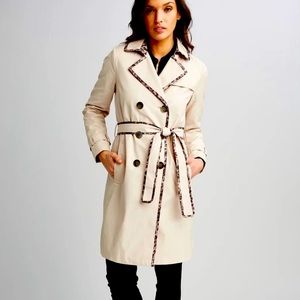 Tahari Maggie Leopard-Print-Trim Sand Double-Breasted Raincoat Size Small NWT